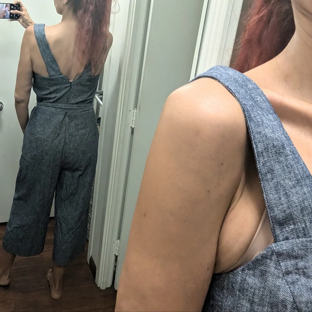 Banana Republic Square Neck Crop Jumpsuit Blue Chambray Linen Blend Sleeveless 6